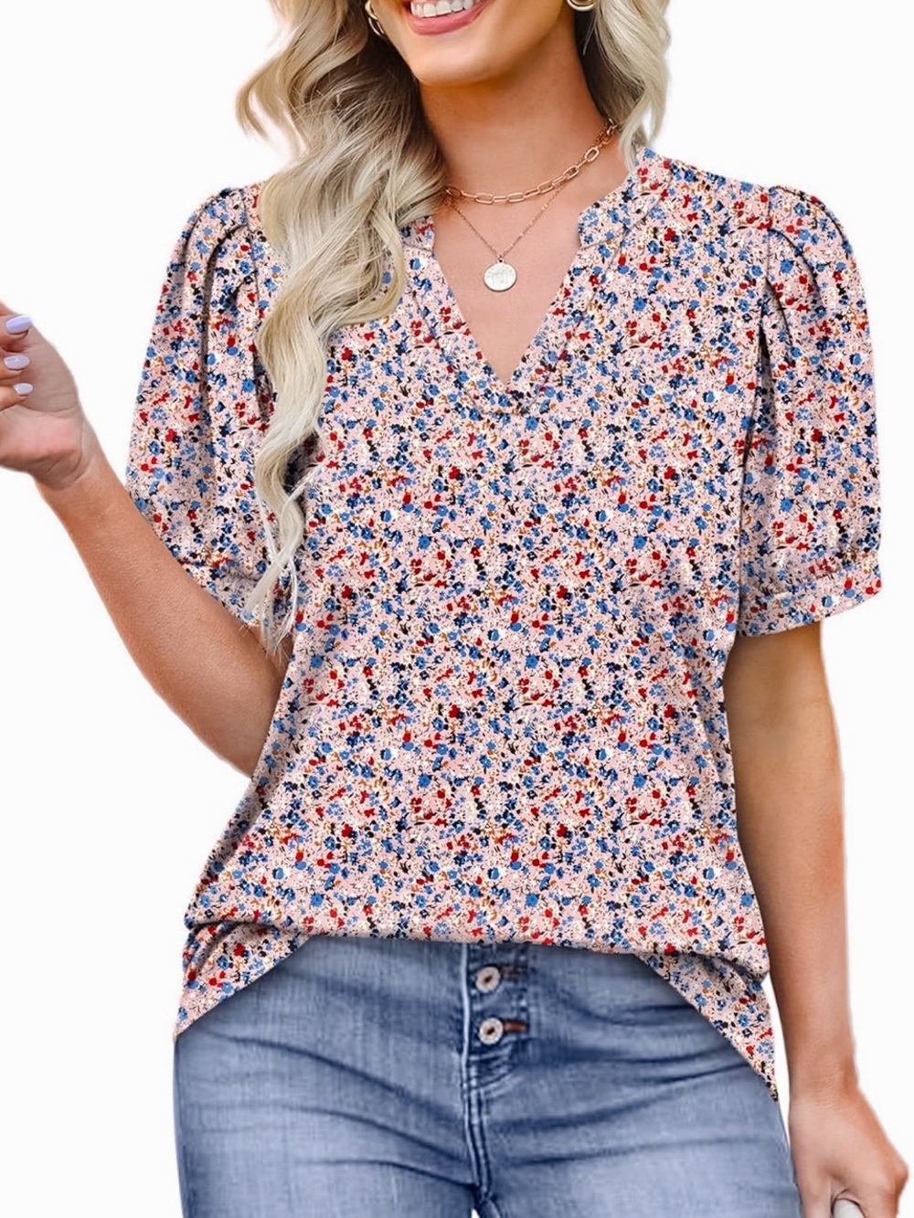 Ofeefan Pleated Puff Sleeve Tee Split V-Neck Blouse Pink Floral